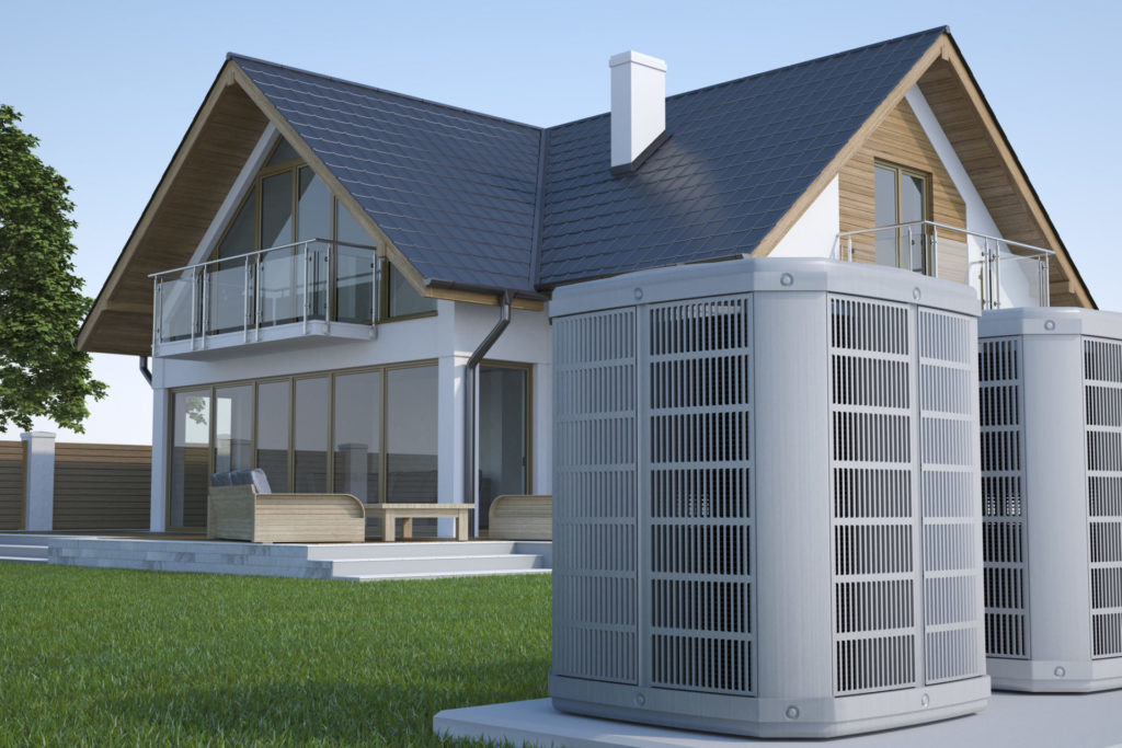 3D illustration of a heat pump outside a home on a concrete slab.